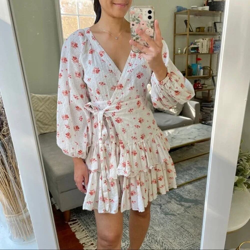 Maia Bergman Ines Wrap Mini Dress White Floral Eyelet Belted Balloon Sleeve Sz S